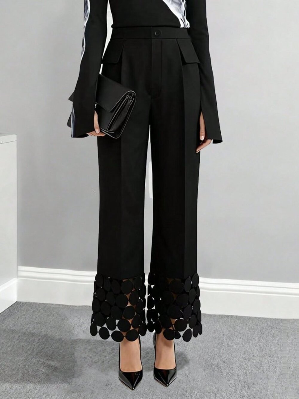 Black Elegant Women's Pants With Lace Hem And Polka Dot Design - Picture 3 of 5